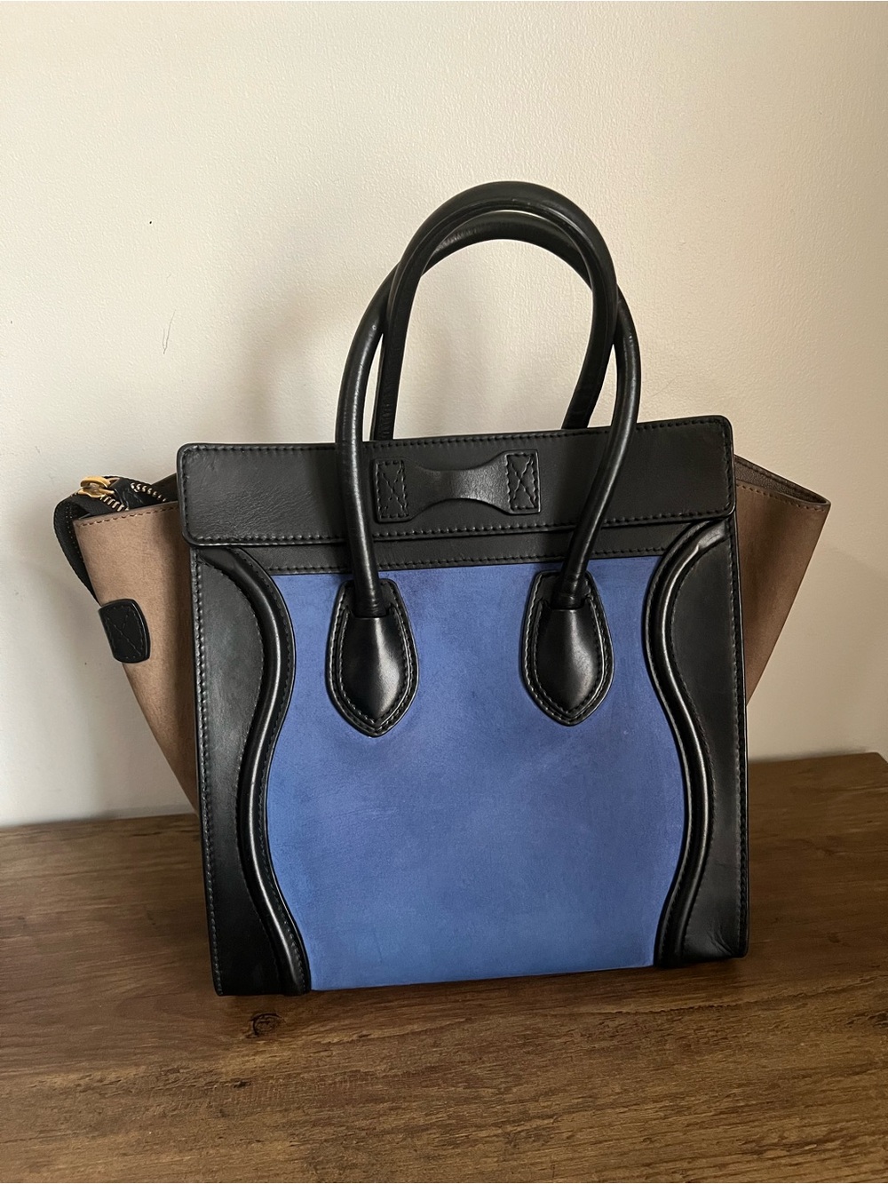 Celine Blue Suede Micro Luggage Satchel with Black and Taupe colorblock - Picture 2 of 7